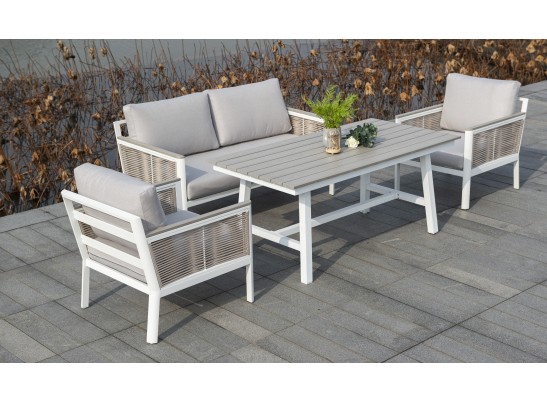 "Сан Ремо" кресло плетеное из роупа садовое, каркас алюминий белый, роуп бежевый, ткань бежевая в Ростове-на-Дону