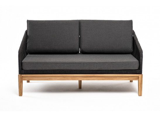 "Канны" диван 2-местный плетеный из роупа, основание дуб, роуп темно-серый круглый, ткань темно-серая 027 в Ростове-на-Дону