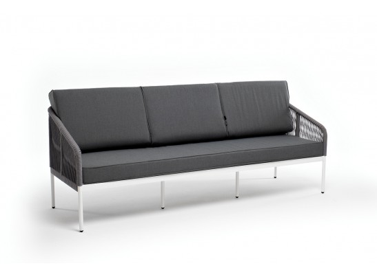 "Канны" диван 3-местный плетеный из роупа, каркас алюминий белый муар, роуп светло-серый круглый, ткань серая 017 в Ростове-на-Дону