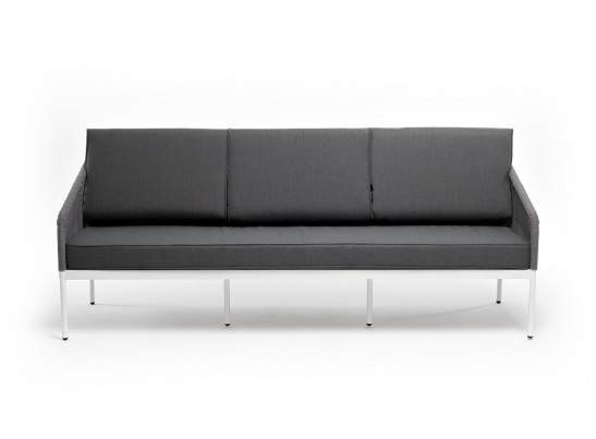 "Канны" диван 3-местный плетеный из роупа, каркас алюминий белый муар, роуп светло-серый круглый, ткань серая 017 в Ростове-на-Дону