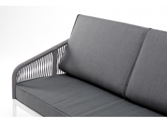 "Канны" диван 3-местный плетеный из роупа, каркас алюминий белый муар, роуп светло-серый круглый, ткань серая 017 в Ростове-на-Дону