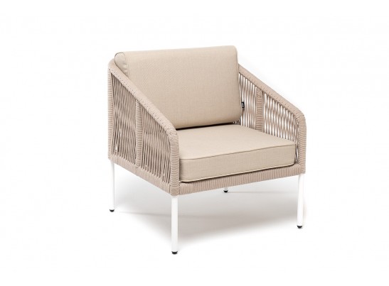 "Канны" кресло плетеное из роупа (веревки), каркас алюминий белый, роуп бежевый, ткань бежевая в Ростове-на-Дону