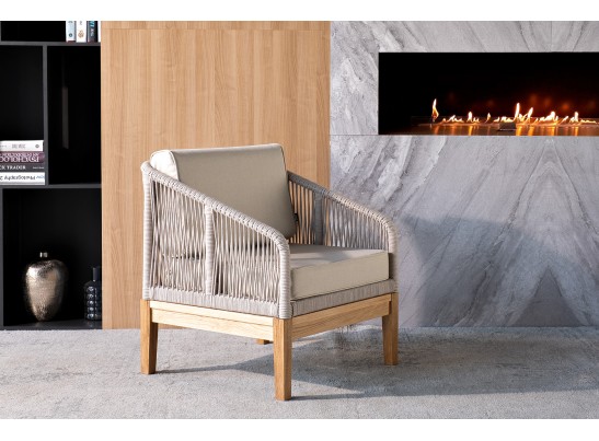 "Канны" кресло плетеное из роупа, основание дуб, роуп бежевый круглый, ткань бежевая 052 в Ростове-на-Дону