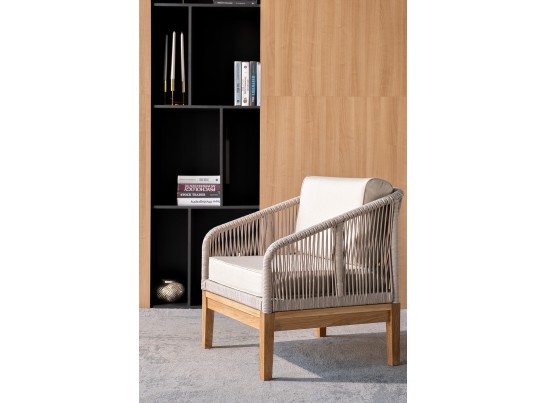 "Канны" кресло плетеное из роупа, основание дуб, роуп бежевый круглый, ткань бежевая 052 в Ростове-на-Дону