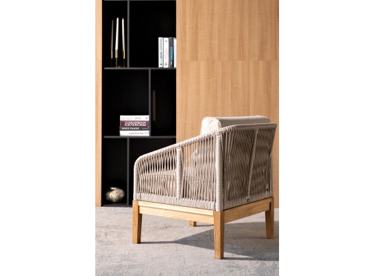 "Канны" кресло плетеное из роупа, основание дуб, роуп бежевый круглый, ткань бежевая 052 в Ростове-на-Дону