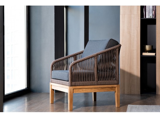 "Канны" кресло плетеное из роупа, основание дуб, роуп коричневый круглый, ткань темно-серая 027 в Ростове-на-Дону