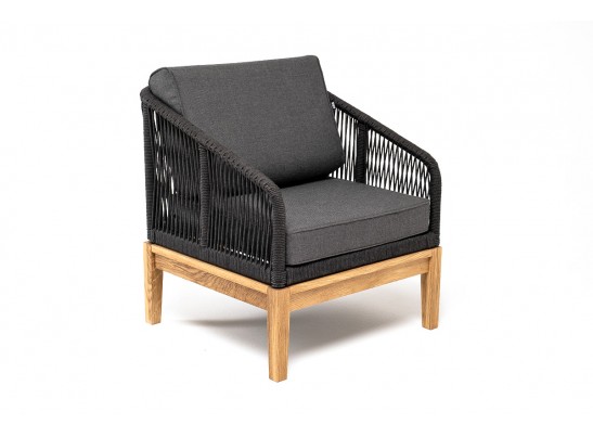 "Канны" кресло плетеное из роупа, основание дуб, роуп темно-серый круглый, ткань темно-серая 027 в Ростове-на-Дону