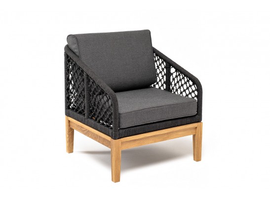 "Канны" кресло плетеное из роупа (узелки), основание дуб, роуп темно-серый круглый, ткань серая в Ростове-на-Дону