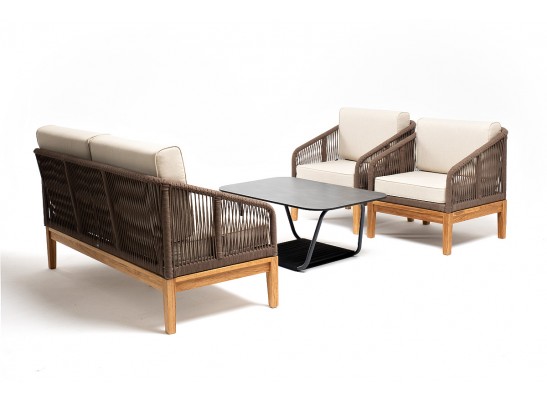 "Канны" лаунж-зона 4-местная из роупа со столом "Гранада" (серый гранит), основание дуб, роуп коричневый, ткань бежевая в Ростове-на-Дону