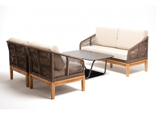 "Канны" лаунж-зона 4-местная из роупа со столом "Гранада" (серый гранит), основание дуб, роуп коричневый, ткань бежевая в Ростове-на-Дону