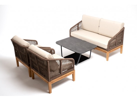 "Канны" лаунж-зона 4-местная из роупа со столом "Гранада" (серый гранит), основание дуб, роуп коричневый, ткань бежевая в Ростове-на-Дону