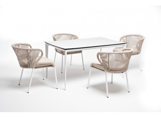 "Малага" обеденная группа на 4 персоны со стульями "Милан", каркас белый, роуп бежевый в Ростове-на-Дону