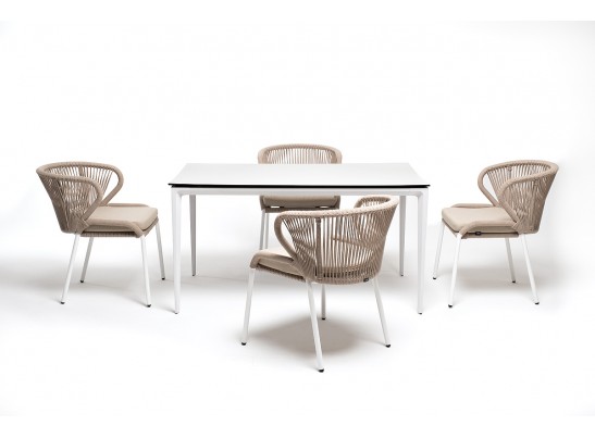 "Малага" обеденная группа на 4 персоны со стульями "Милан", каркас белый, роуп бежевый в Ростове-на-Дону