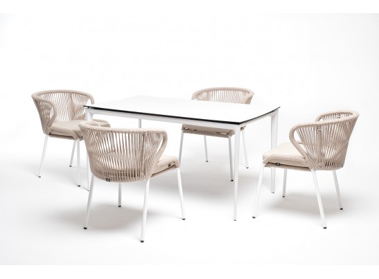 "Малага" обеденная группа на 4 персоны со стульями "Милан", каркас белый, роуп бежевый в Ростове-на-Дону