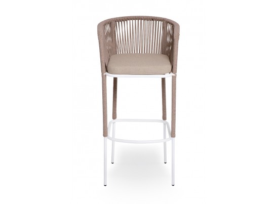 "Марсель" стул барный плетеный из роупа, каркас из стали белый муар, роуп бежевый круглый, ткань бежевая 052 в Ростове-на-Дону