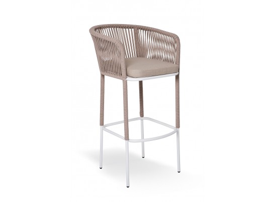 "Марсель" стул барный плетеный из роупа, каркас из стали белый муар, роуп бежевый круглый, ткань бежевая 052 в Ростове-на-Дону