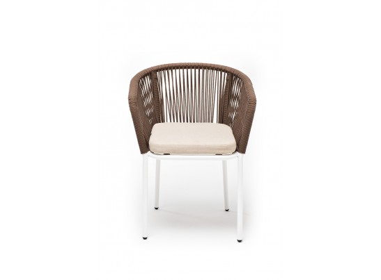 "Марсель" стул плетеный из роупа, каркас алюминий белый муар, роуп коричневый круглый, ткань бежевая 052 в Ростове-на-Дону