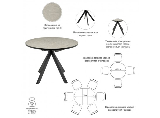 Стол Rudolf круглый раскладной 90-120x90x75см, Бетон слюда, чёрный в Ростове-на-Дону