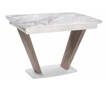 Стол на тумбе Петир 120(160)х80х75 белая шагрень / дуб с пилением