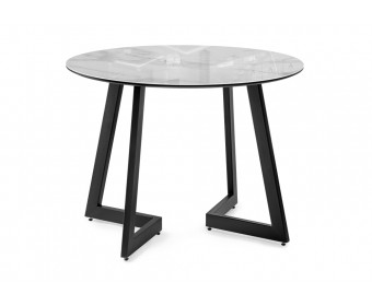 Стеклянный стол Алингсос 100(140)х100х76 белый мрамор / черный
