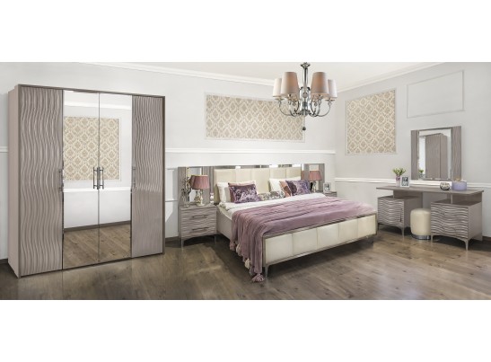 Спальня Gravita 1600*2000, зеркало ППУ, комод, тумбы, панели, с 4х створчатым шкафом, серый камень глянец