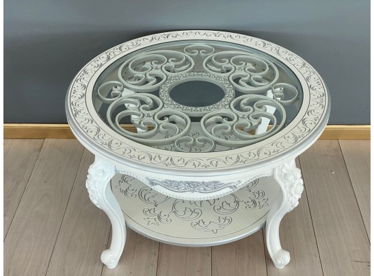 Стол журнальный круглый Жасмин (белый, патина серебро)