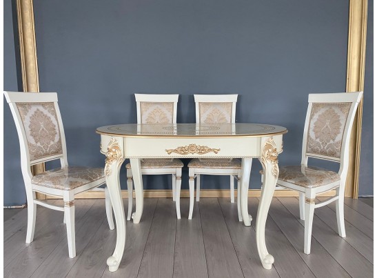 Стол овальный раскладной Милан на 4х ножках (слоновая кость, патина золото)