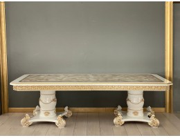 Стол обеденный раскладной Жасмин (голд мрамор, белый, патина золото) 