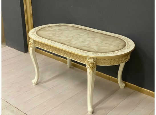 Стол овальный раскладной Розалия столешница под мрамор с молдингом (слоновая кость, патина золото)