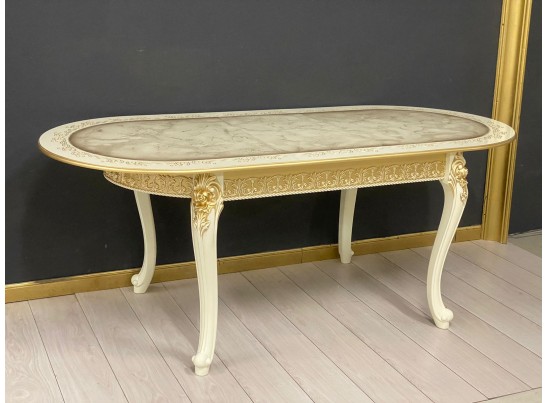 Стол овальный раскладной Розалия столешница под мрамор с молдингом (слоновая кость, патина золото)