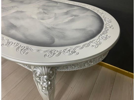 Стол овальный раскладной Розалия столешница под мрамор с молдингом (белый, патина серебро)